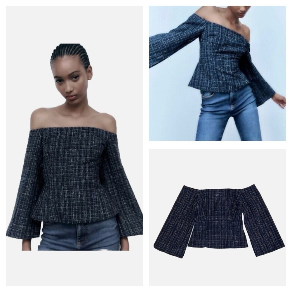 NWT ZARA Tweed Textured Off Shoulder Top Flare Long Sleeves size S